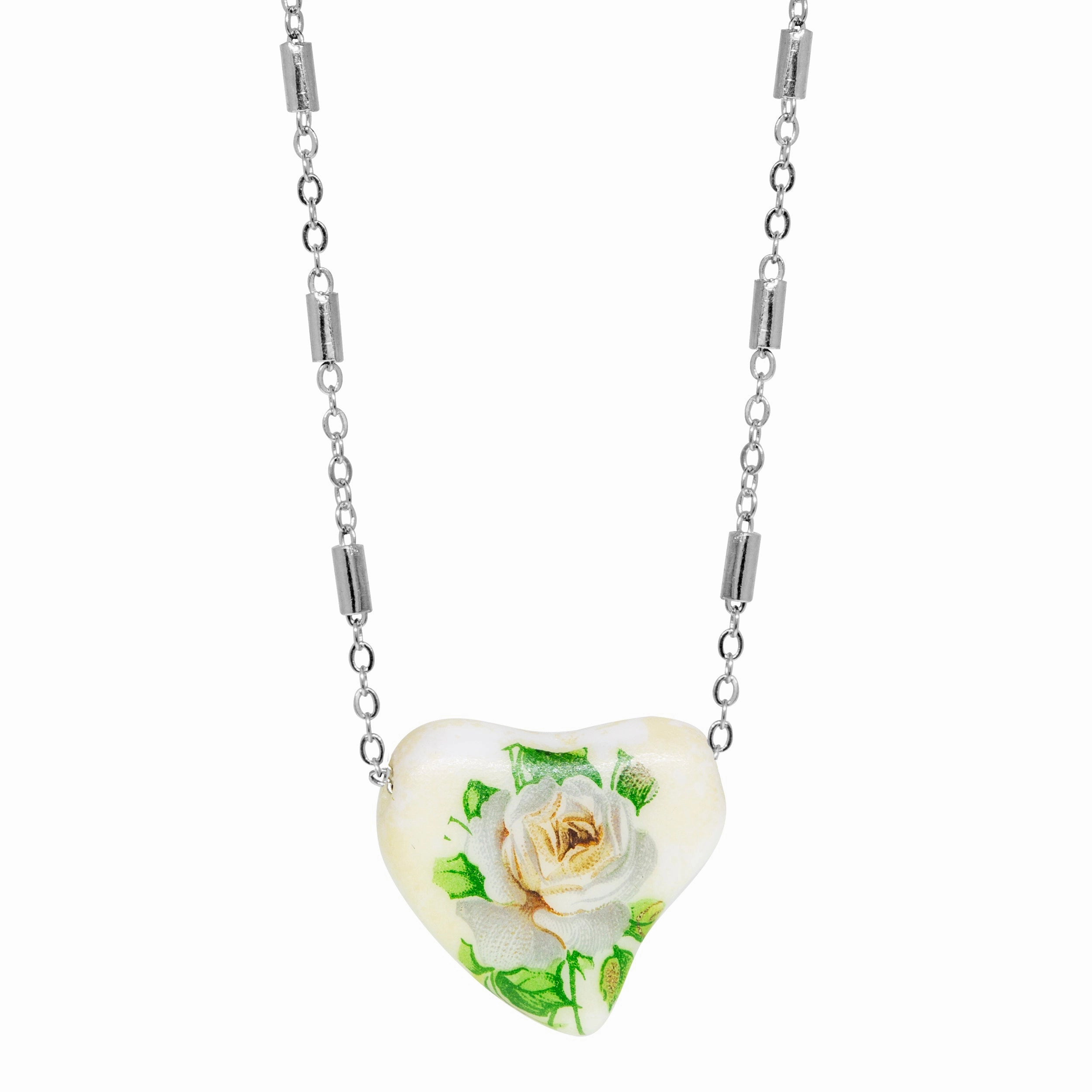 1928 Jewelry 85' Porcelain Heart & Rose Pendant Necklace 15"   3" Extension