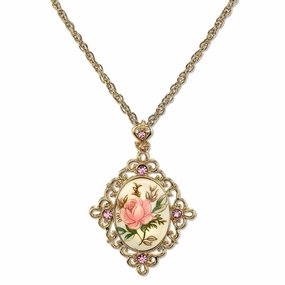 1928 Jewelry Ivory Color Floral Decal  Crystal Accent Pendant Necklace 16"   3" Extender