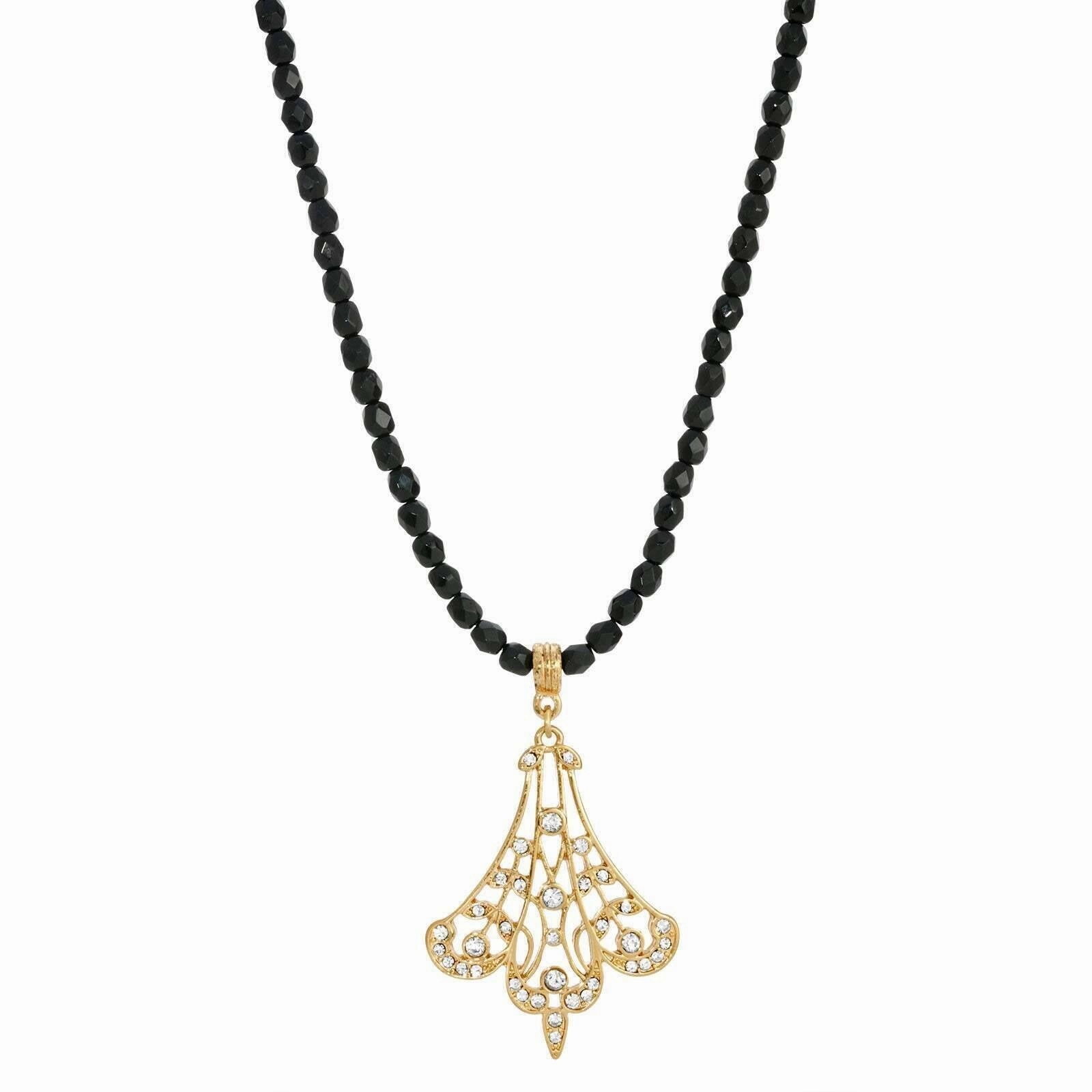 1928 Jewelry Minuit Black Glass Strand Bead Gold Filigree Fan & Crystals Pendant Necklace 15"   3" Extender