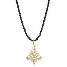 1928 Jewelry Minuit Black Glass Strand Bead Gold Filigree Fan & Crystals Pendant Necklace 15"   3" Extender