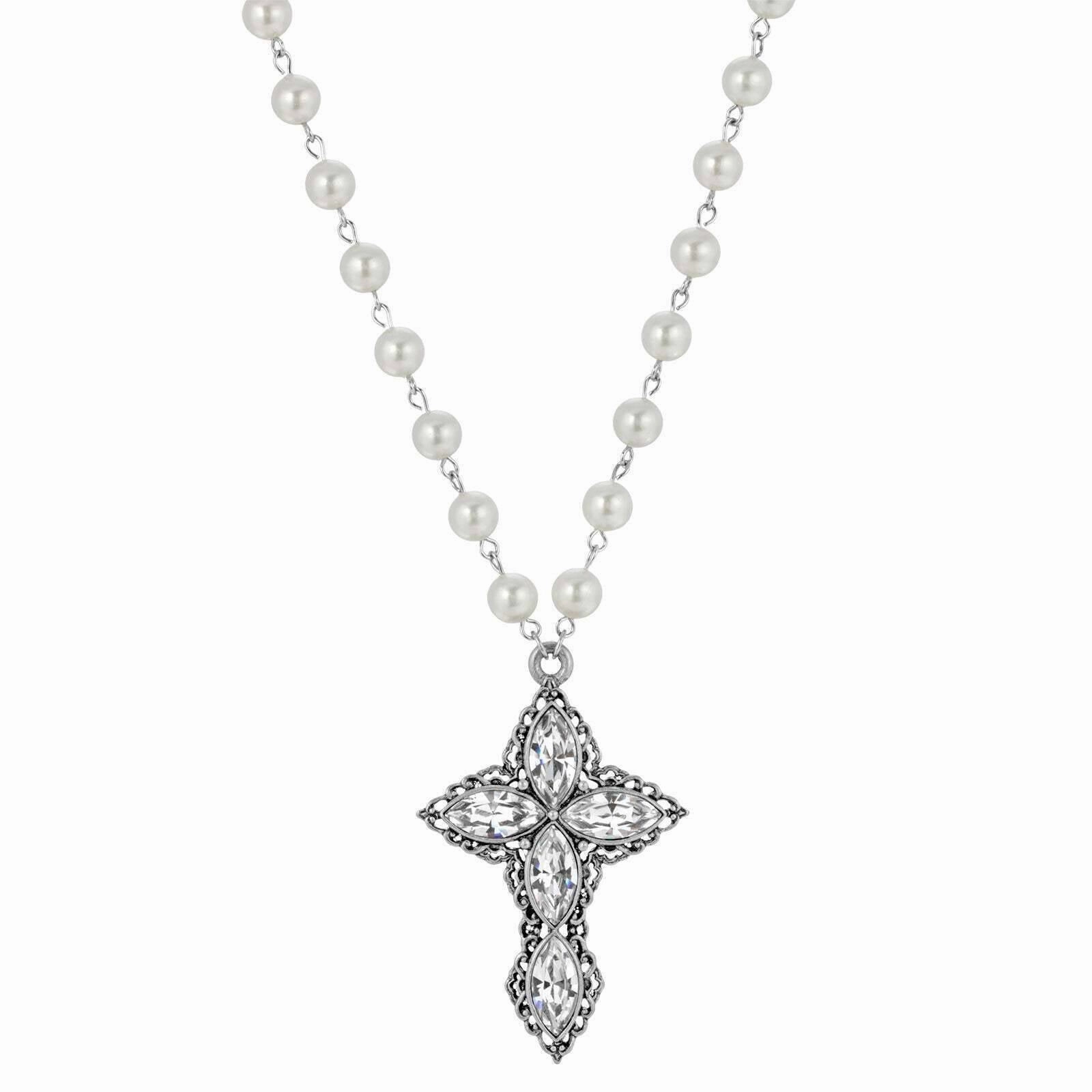 1928 Jewelry Pewter Navette Crystal And 8mm Faux Pearl Cross Pendant Necklace 16"   3" Extender