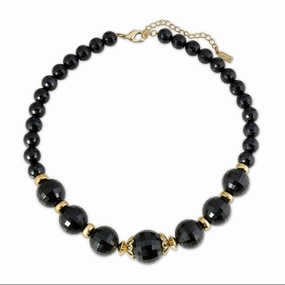 1928 Jewelry Round Black Faceted Beaded Stranded Necklace 16"   3" Extender