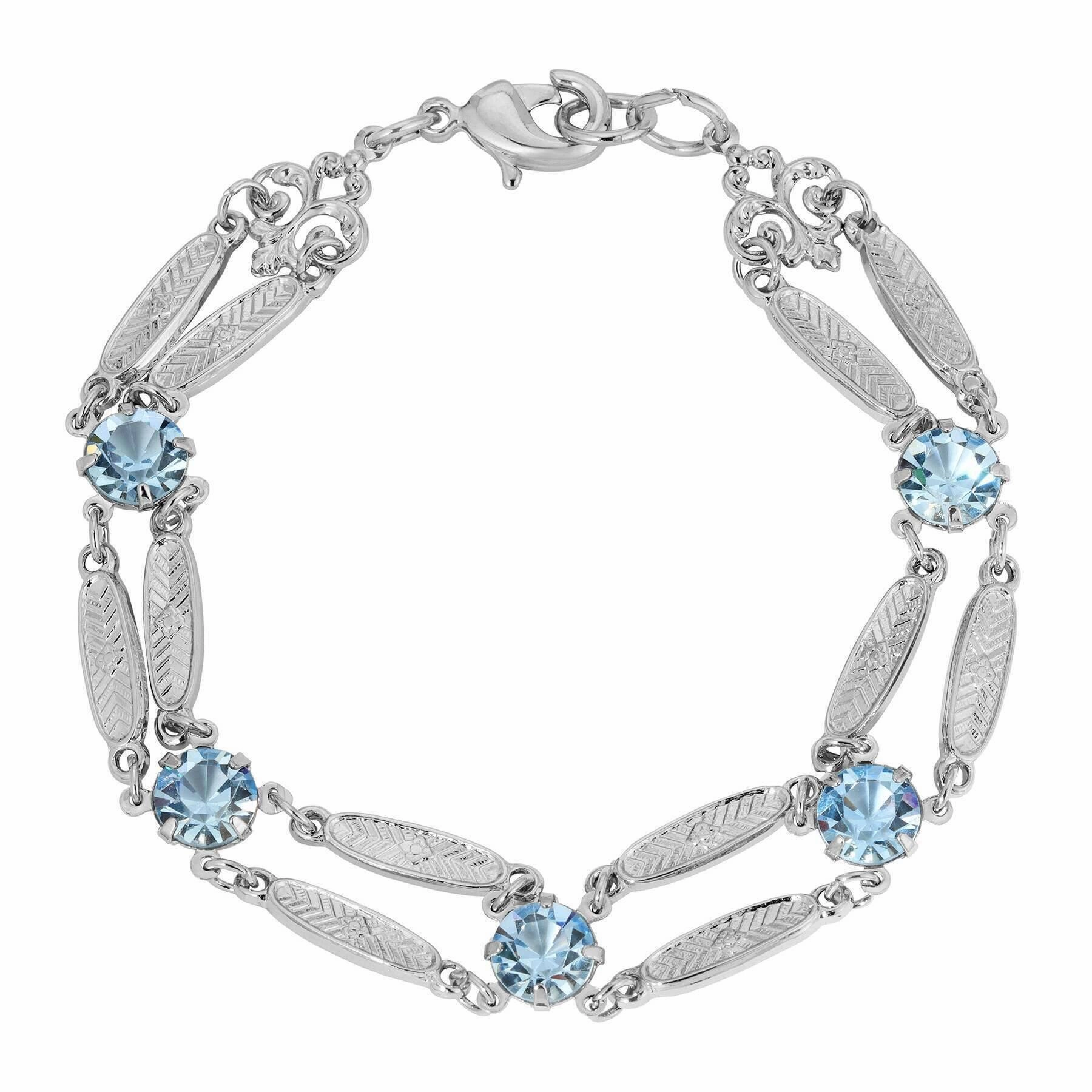 1928 Jewelry Textured Flower Link Light Sapphire Blue Crystal Filigree Bracelet