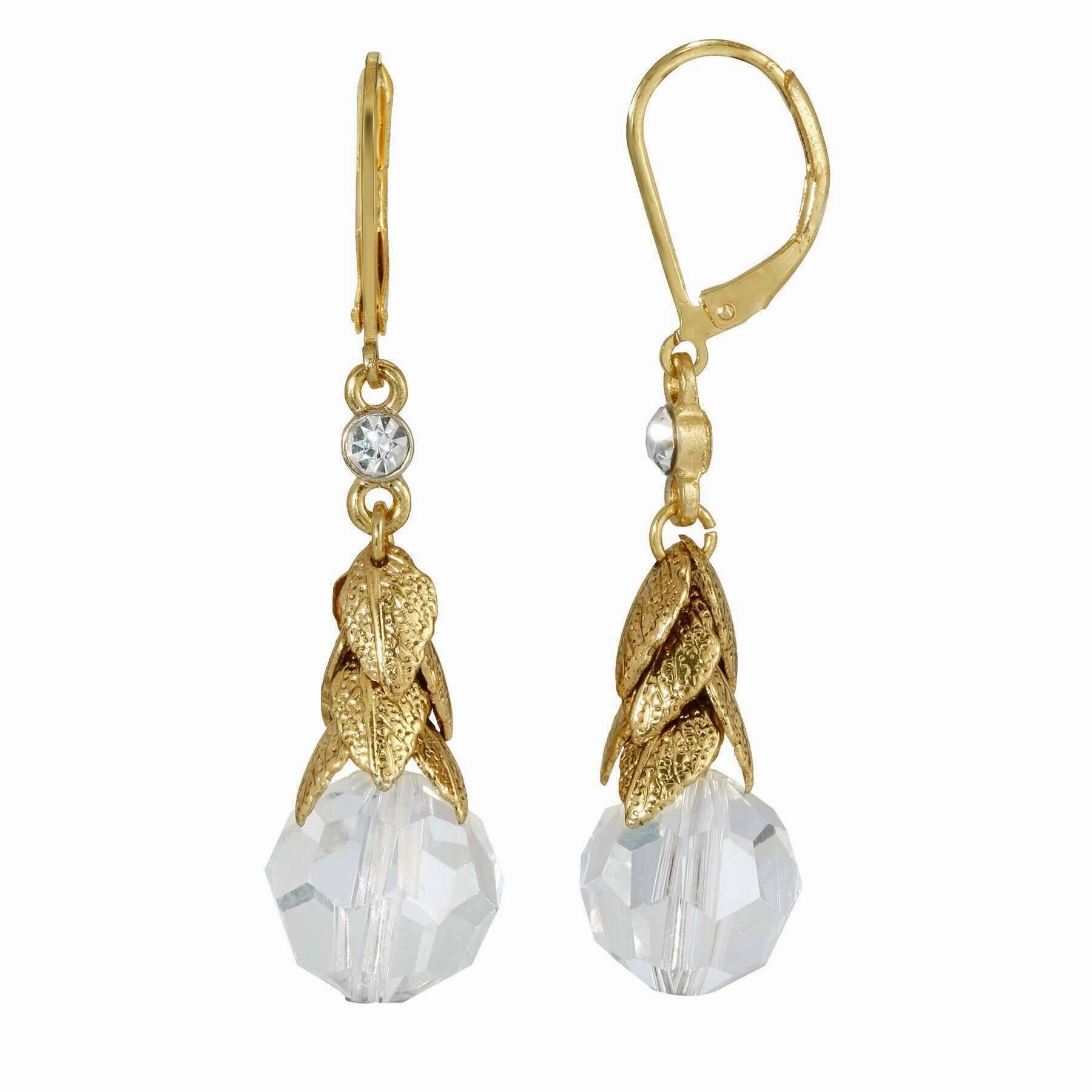 2028 Jewelry Clear Crystal Beaded Leaf Drop Earrings