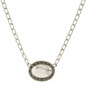 2028 Jewelry Gemstone White Howlite And Hematite Pendant Necklace 16"
