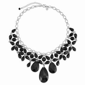 2028 Jewelry Jet Black Briolette Teardrop & Round Beaded Statement Bib Necklace 16"   3" Extender