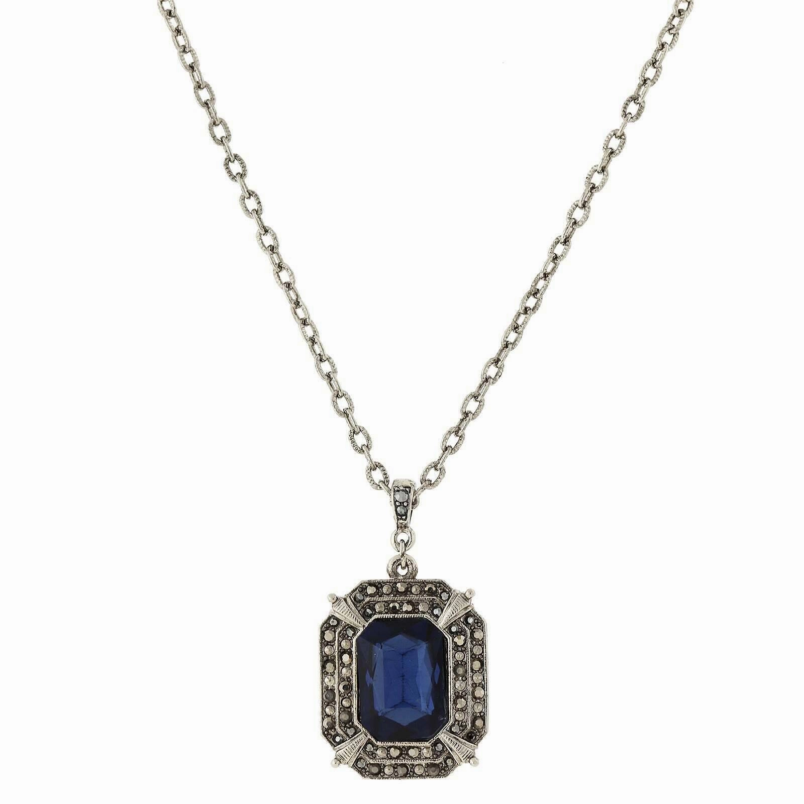 2028 Jewelry Octagon Montana Blue & Hematite Glass Crystal Pendant Necklace 16"   3" Extender