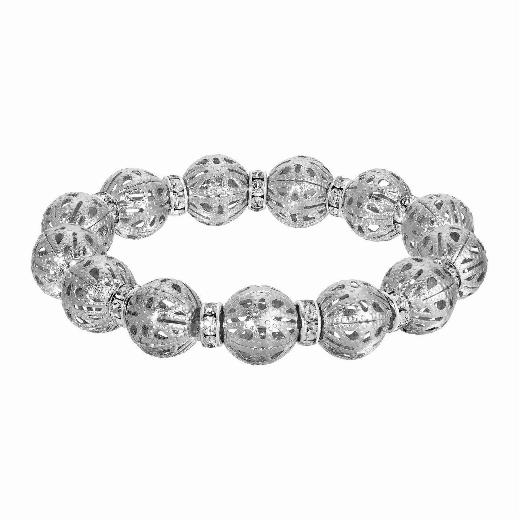 2028 Jewelry Puffed Filigree Bead Rondelle Crystal Stretch Bracelet