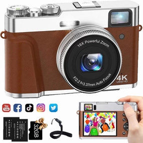 Actitop 4K Vlogging Camera With Flash Viewfinder & Dial 48MP Digital Video Camera, Brown