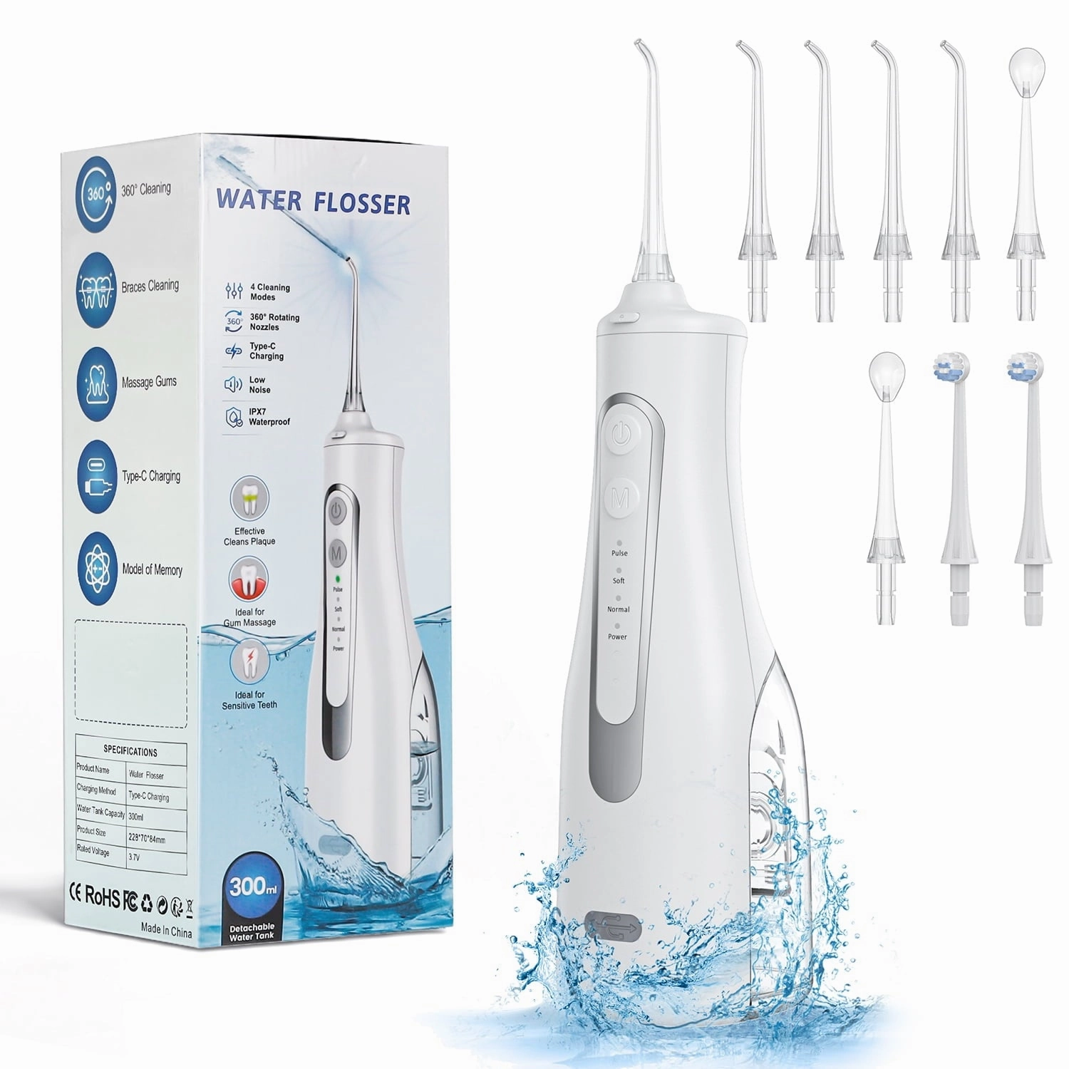 Cshidworld M209 Water Flosser Rechargeable Portable Oral Irrigator with 300ML Tank and 8 Jets
