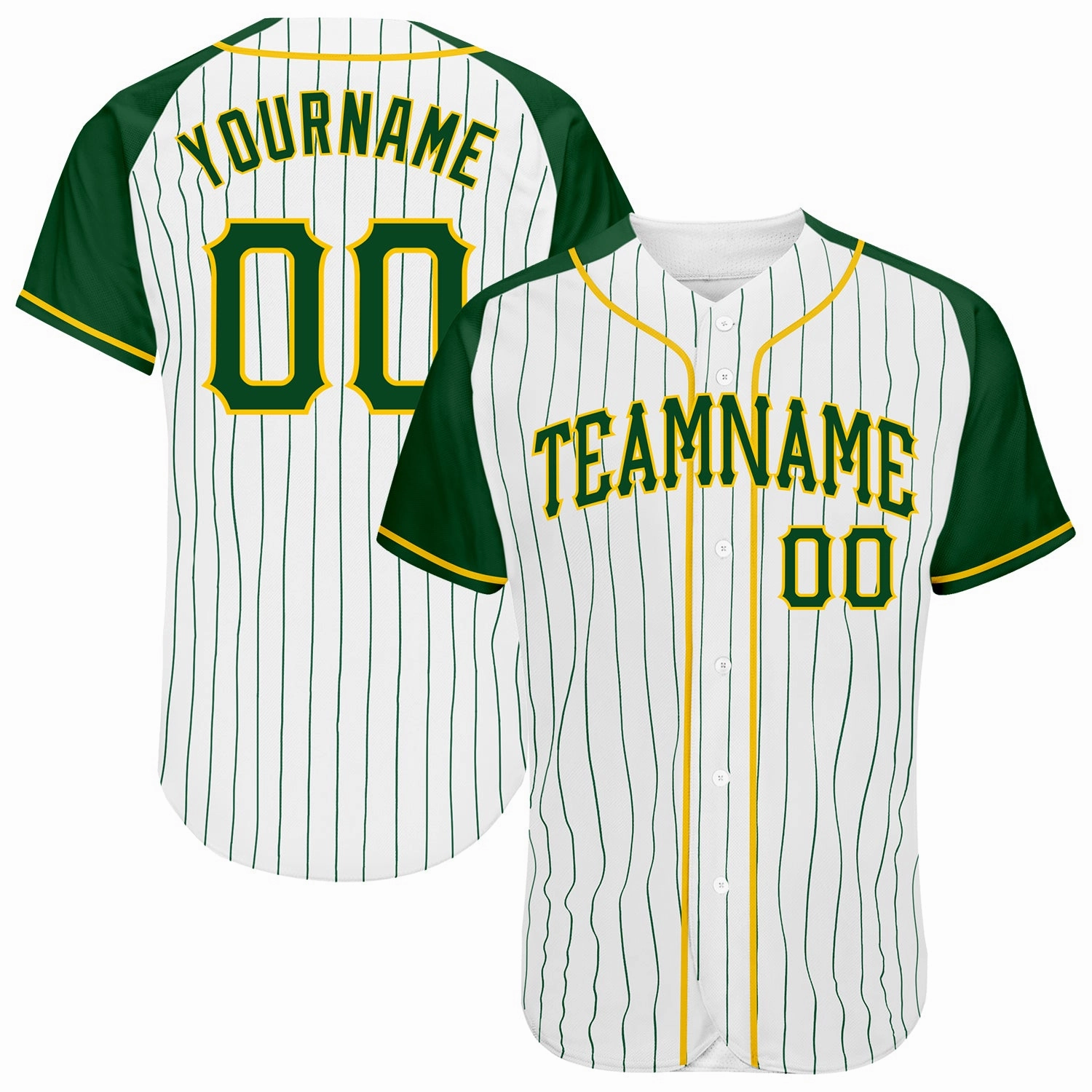 Custom White Green Pinstripe Green-Gold Authentic Raglan Sleeves Baseball Jersey