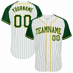 Custom White Green Pinstripe Green-Gold Authentic Raglan Sleeves Baseball Jersey