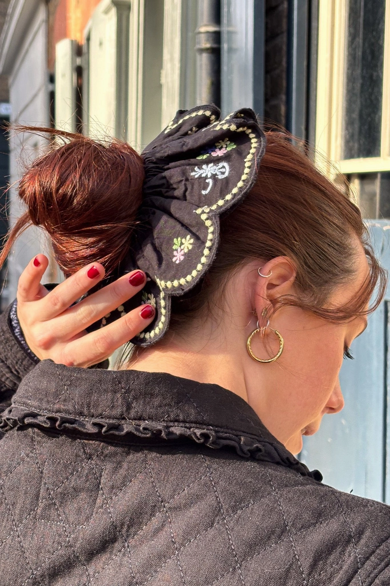 Damson Madder Embroidered Black Scrunchie
