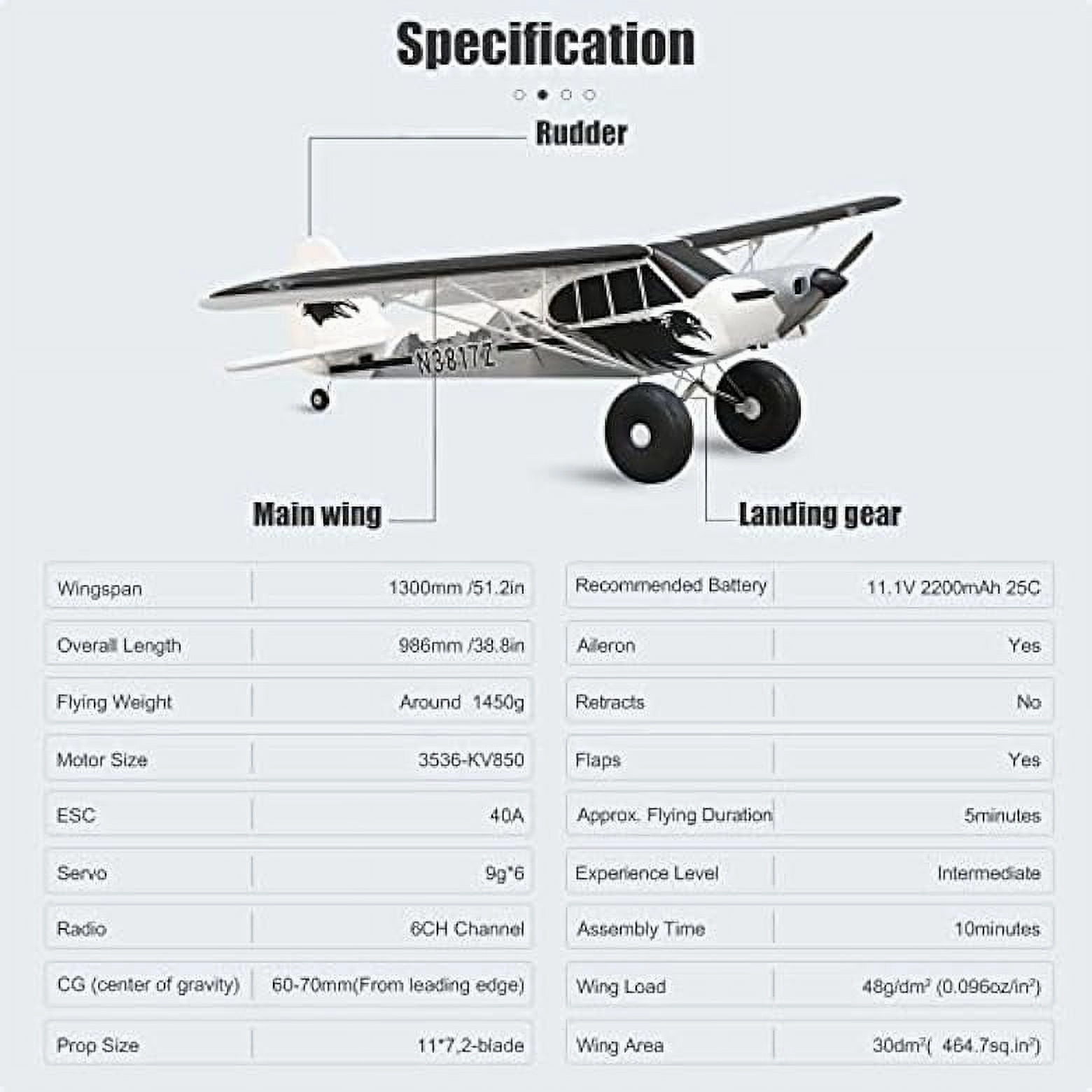 FMS FMS138P-REFV2 RC Planes for Adults - 1300mm Piper PA-18 Super Cub, Reflex V3, 6-Channel PNP Airplane