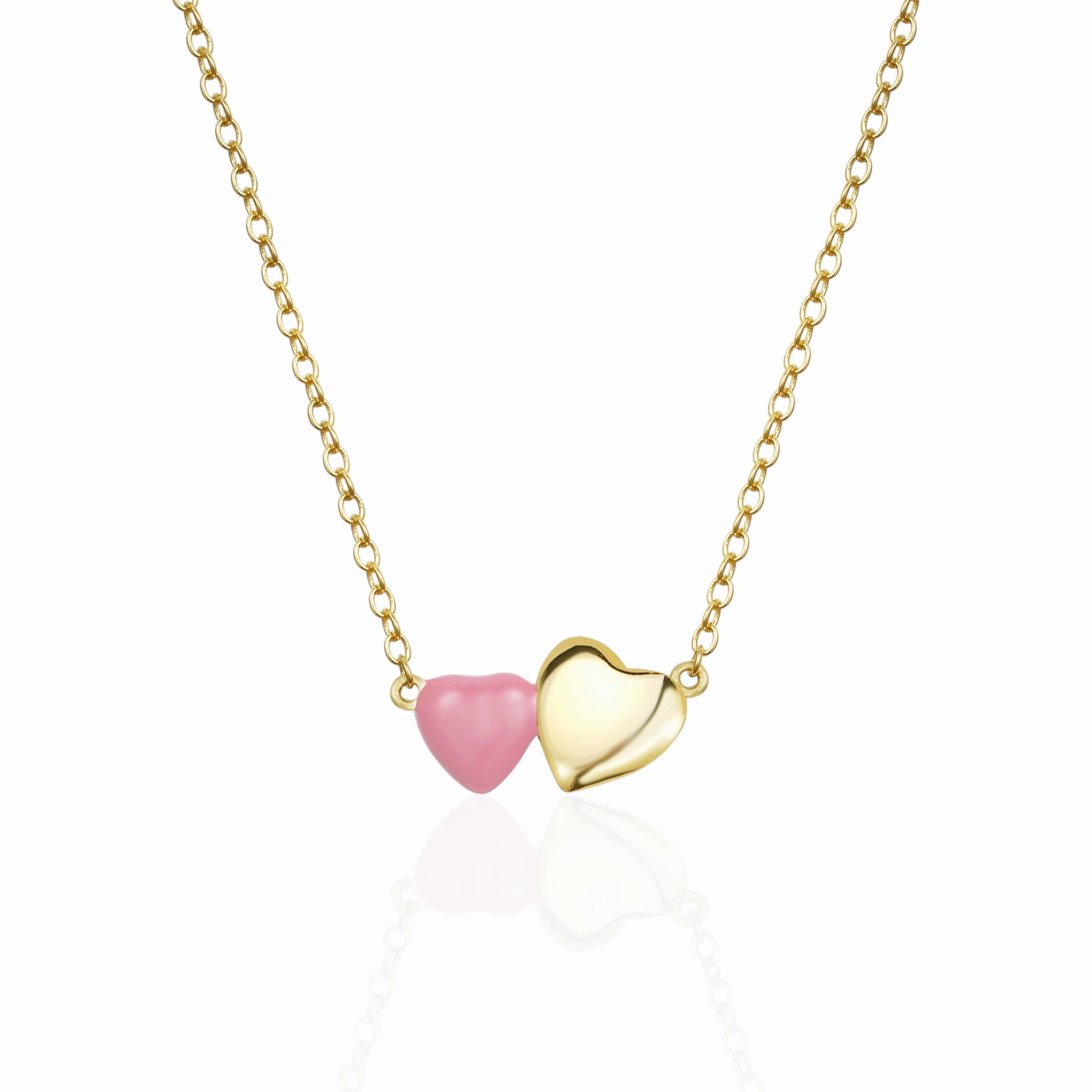Gold Necklace with Pink Enamel Heart and Gold Shiny Heart