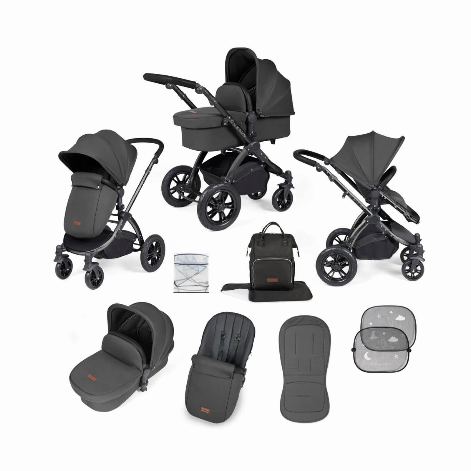 Ickle Bubba Stomp Luxe 2 in 1 Pushchair & Carrycot - Black/Charcoal Grey/Black