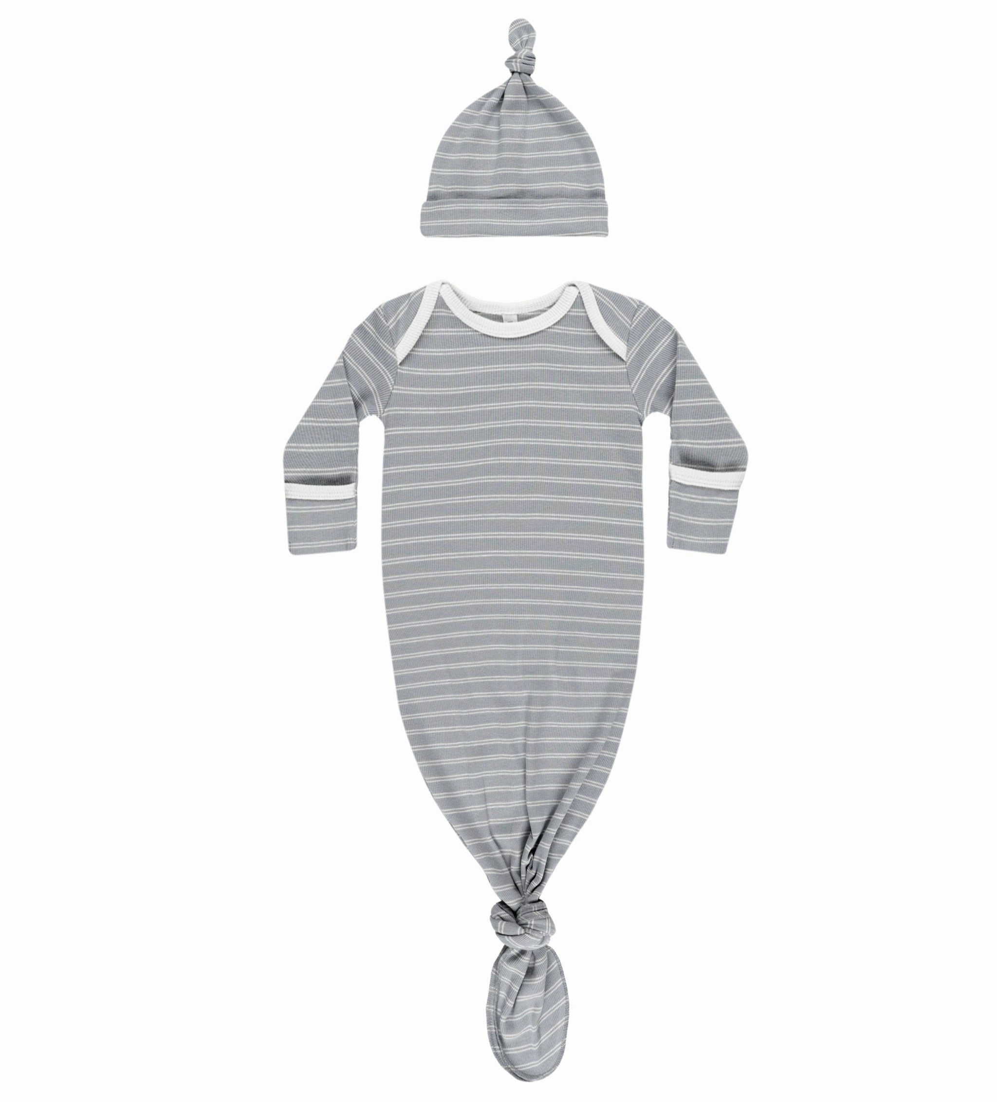 Knotted Baby Gown   Hat Set - Blue Pinstripe