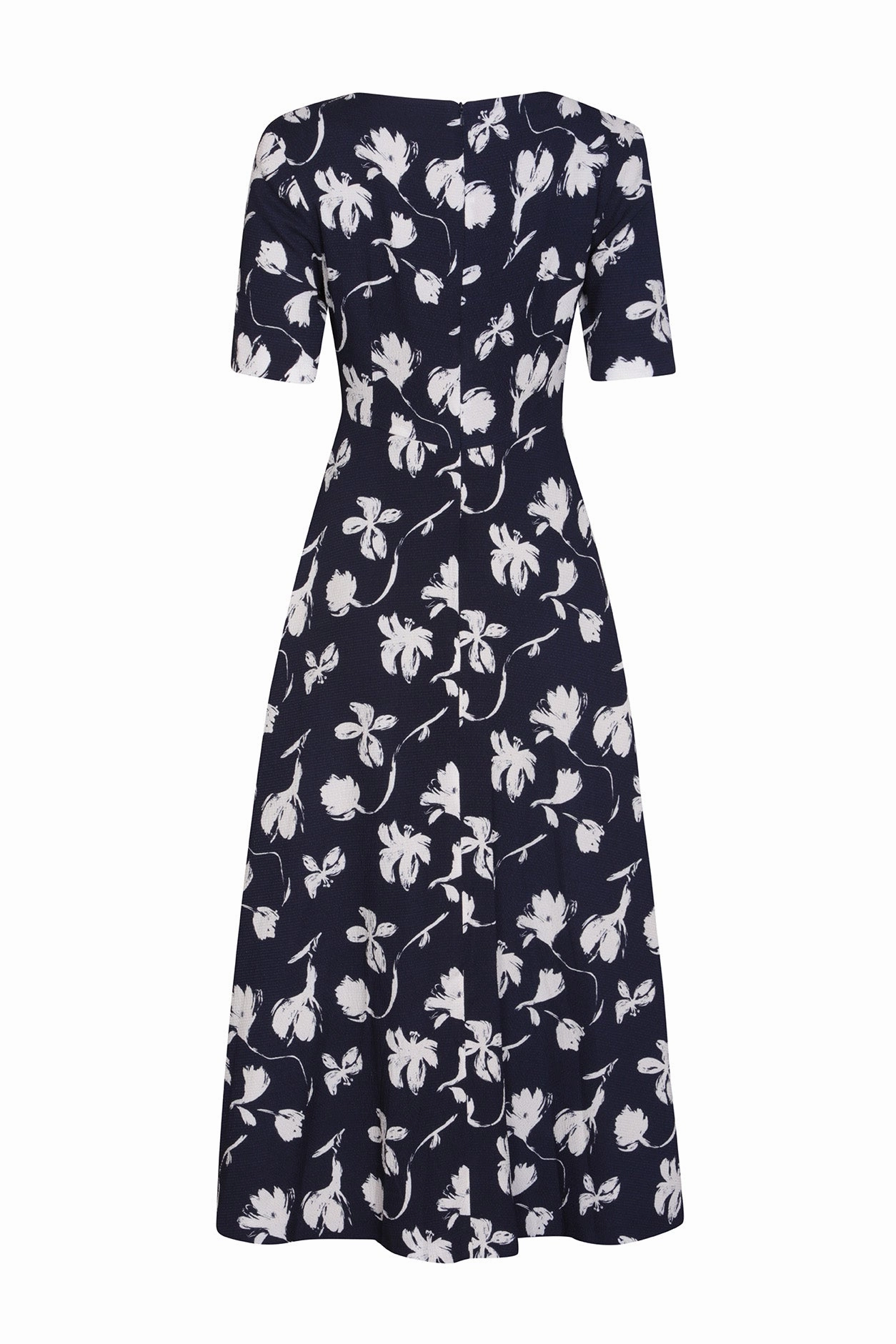 Longer Length Full Skirted Dress. with Short Sleeves in Navy/Ivory Floral Print Silk Cloqué- Lexie