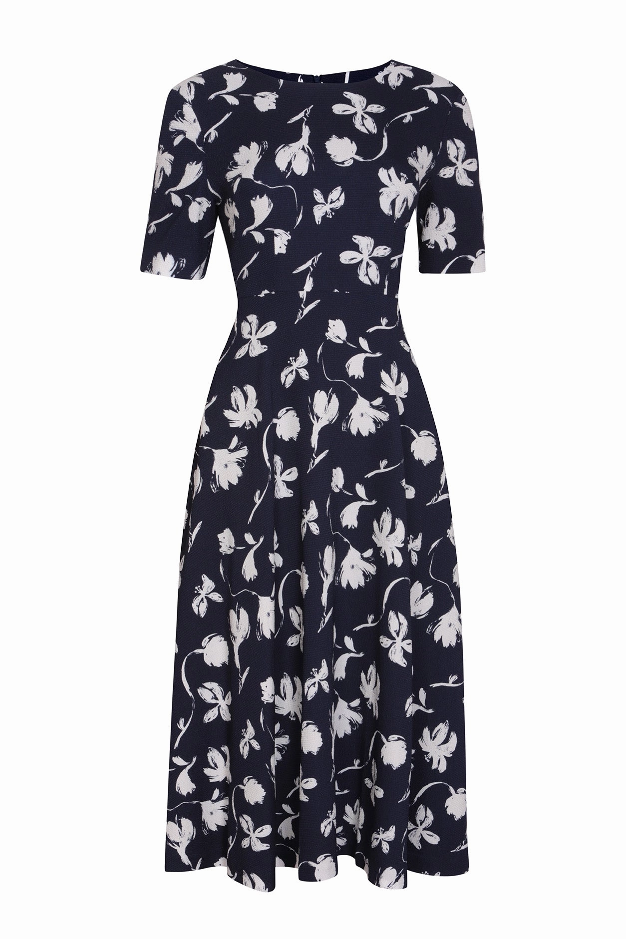 Longer Length Full Skirted Dress. with Short Sleeves in Navy/Ivory Floral Print Silk Cloqué- Lexie