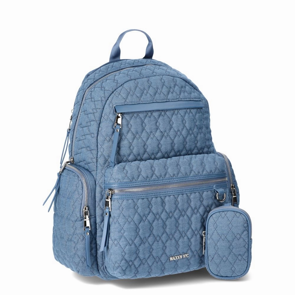 Madden NYC Women's Dome Backpack with Front Pockets and Removable Pouch, Quilted Denim - Wipe Clean