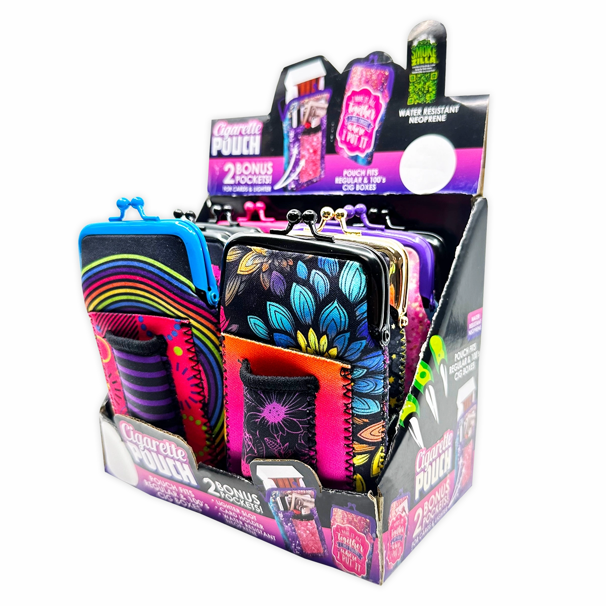 Neoprene Cigarette Pouch with Pocket - 8 Pieces Per Retail Ready Display 25089