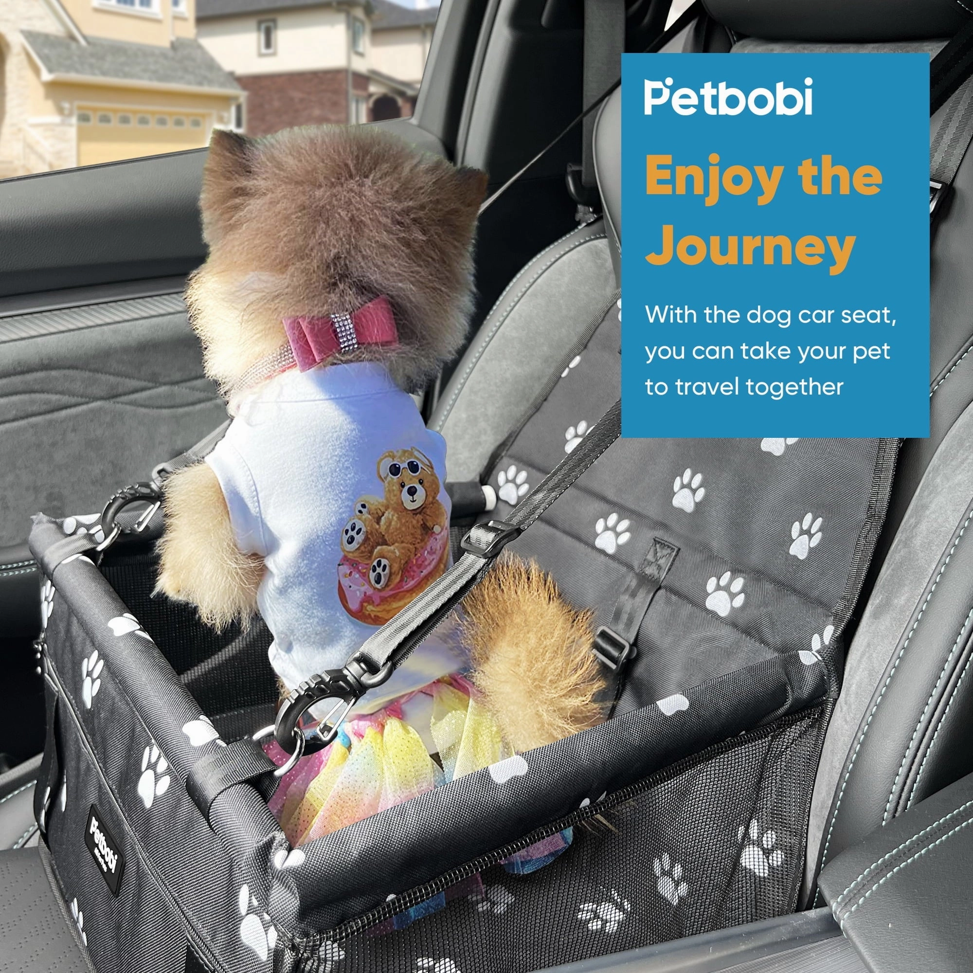 Petbobi P3011-BK Dog Car Booster Seat Travel Carrier for Dog Cat Portable Travel Bag with Seat Belt Safety Stable for Travel Pet Car Seat with Clip on Leash and Storage Package