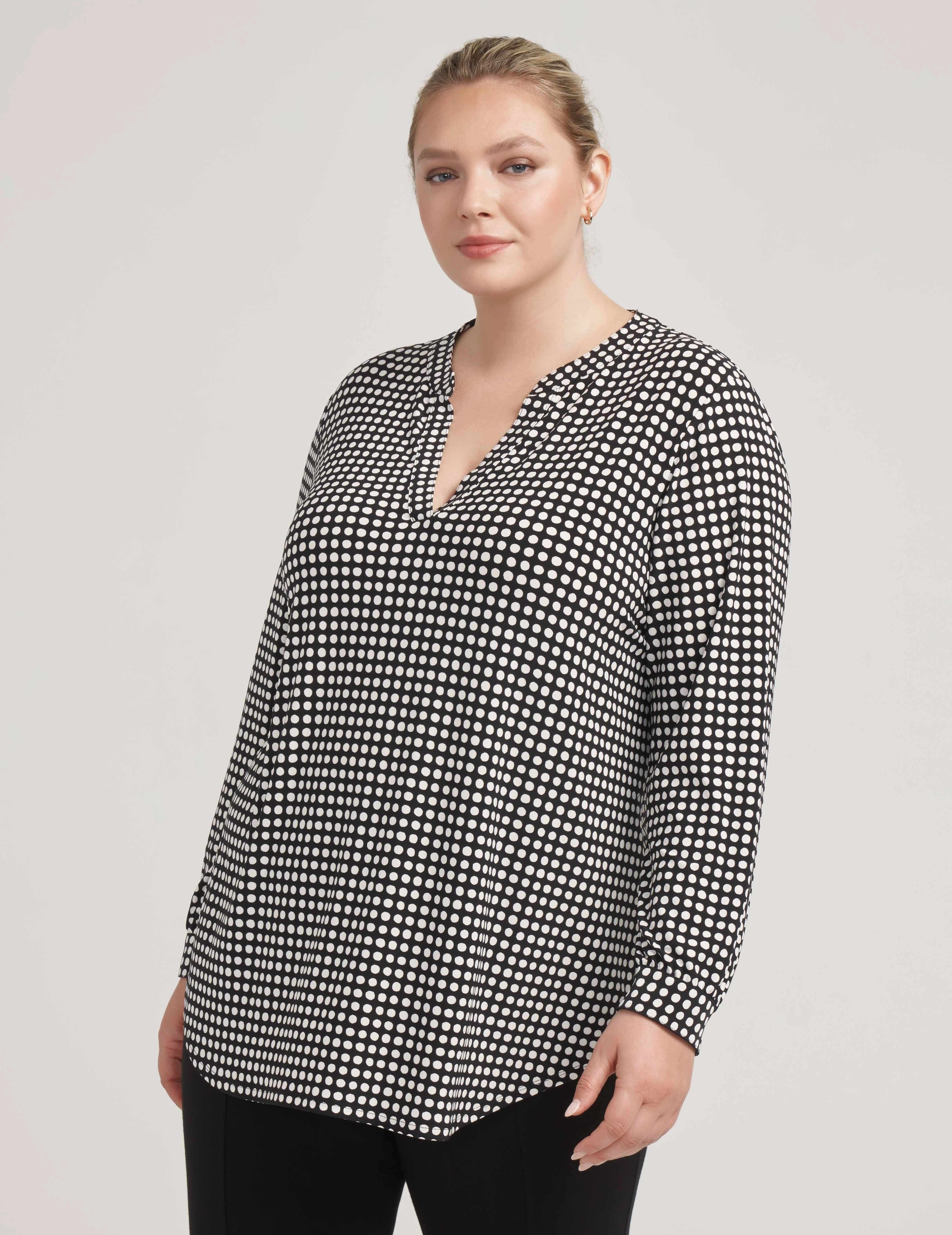 Plus Size Pearly Dot Ity Long Sleeve Split Neck- Sale