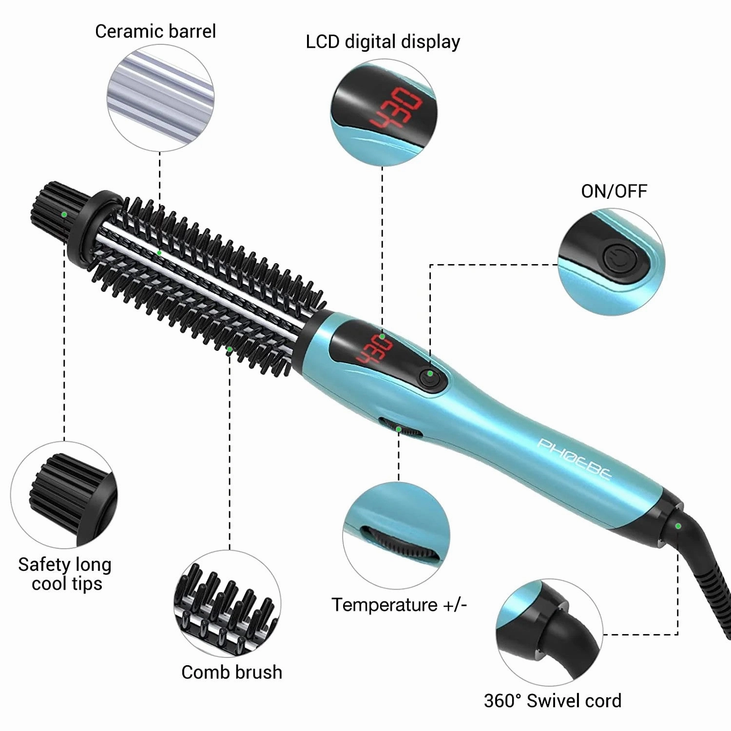 Sea-Maid 1 Inch Curling Iron Thermal Brush Adjustable Temperature for Curls or Waves, Blue - Lightweight