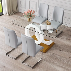 Streamdale Purist Glass and Metal Dining Set, 4 PU Faux Leather Chairs