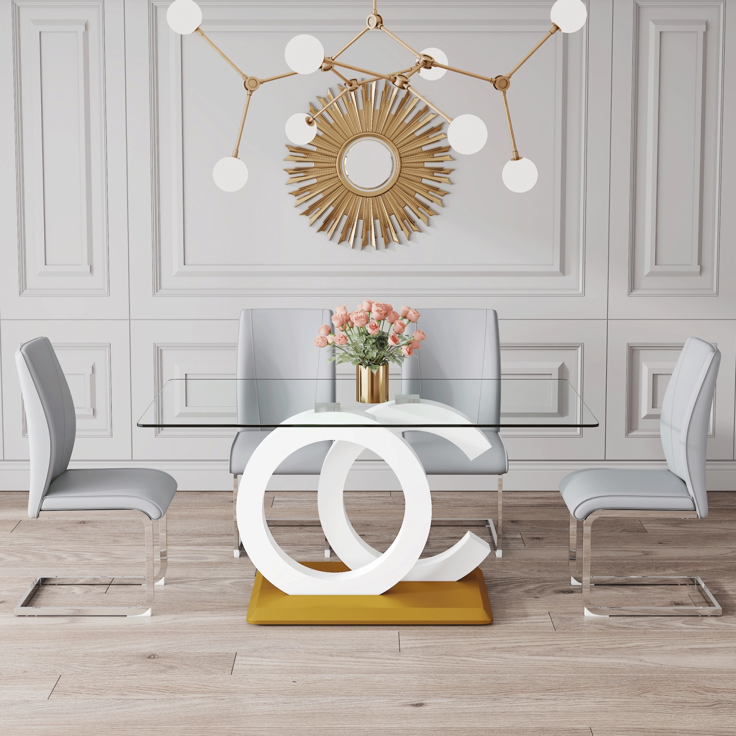 Streamdale Purist Glass and Metal Dining Set, 4 PU Faux Leather Chairs