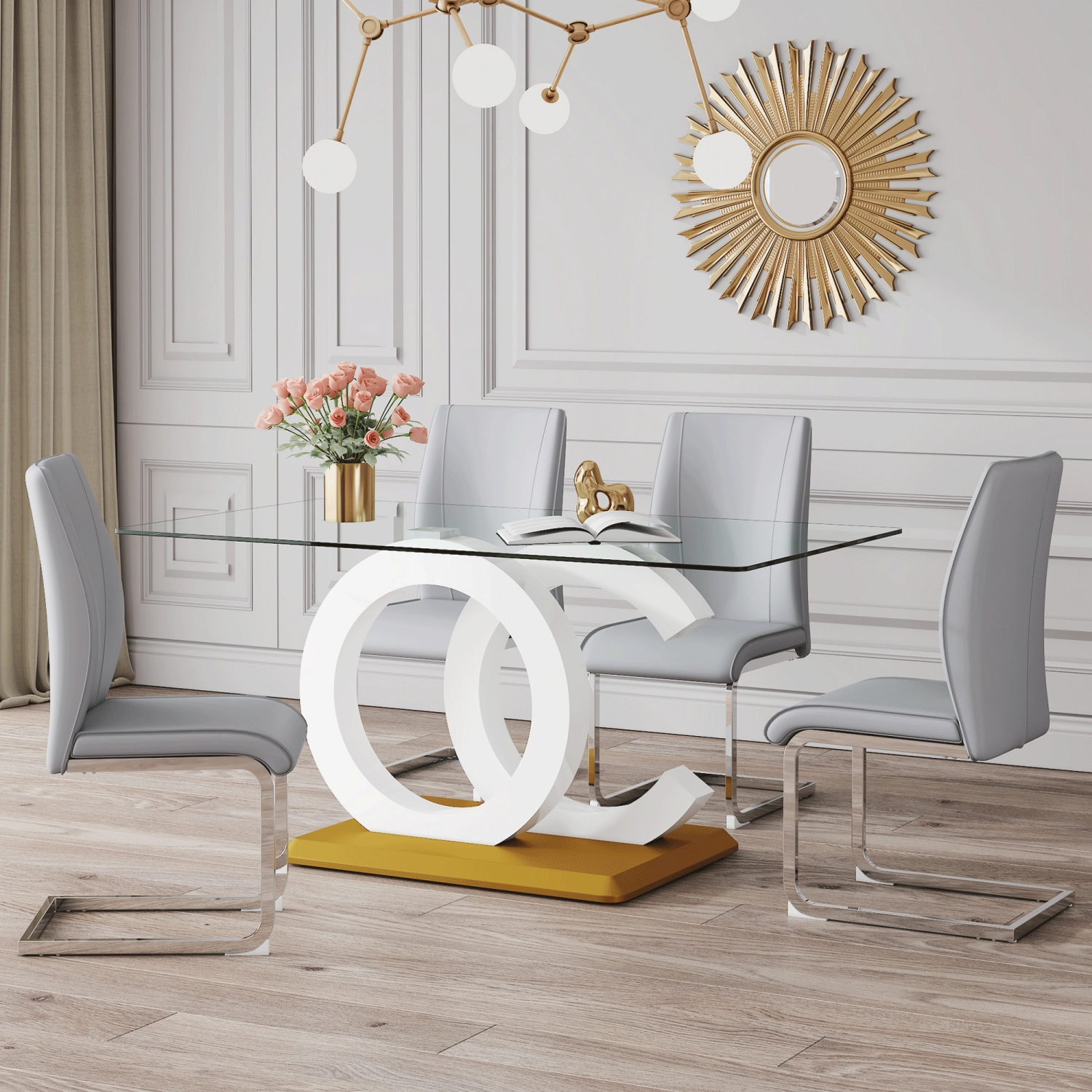 Streamdale Purist Glass and Metal Dining Set, 4 PU Faux Leather Chairs
