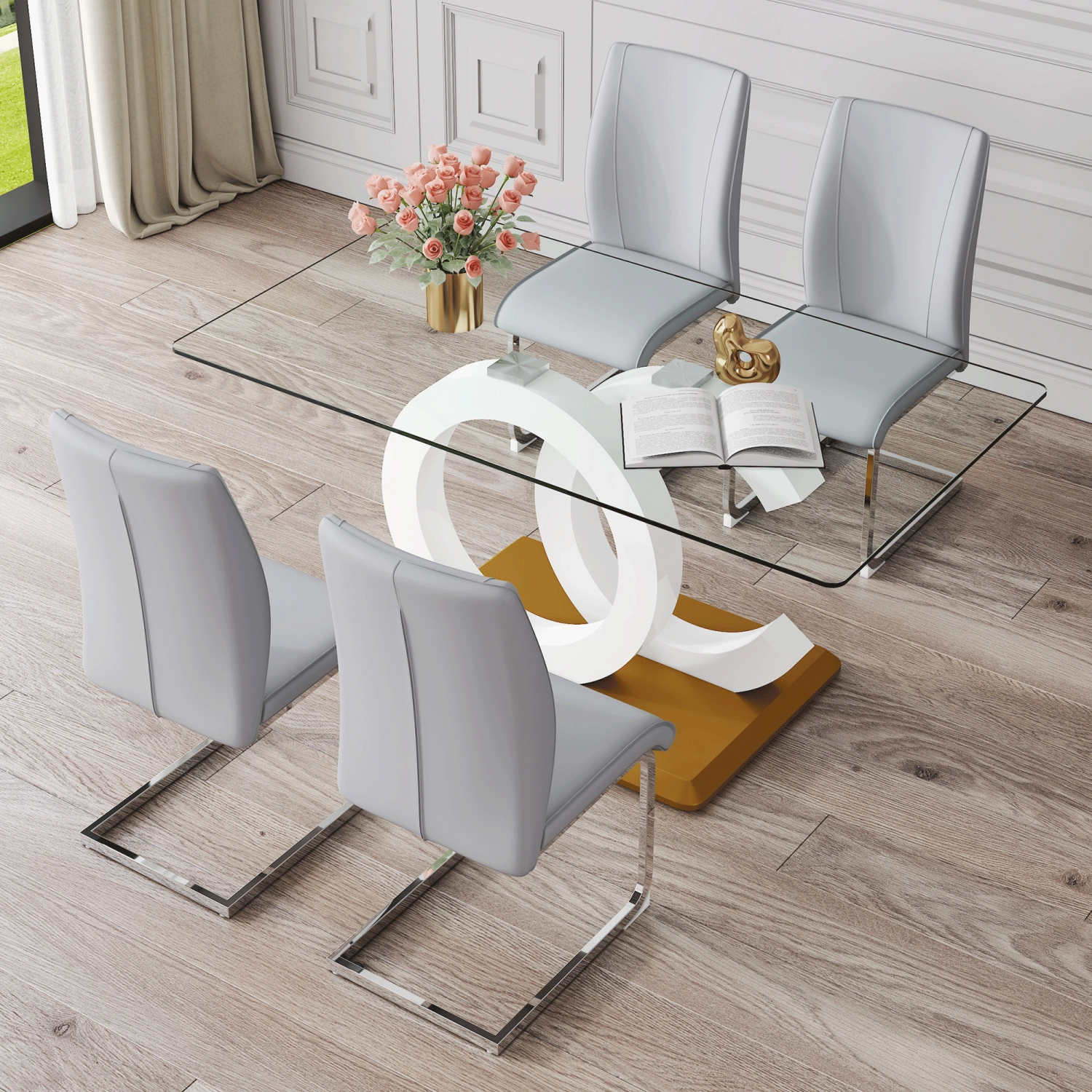 Streamdale Purist Glass and Metal Dining Set, 4 PU Faux Leather Chairs