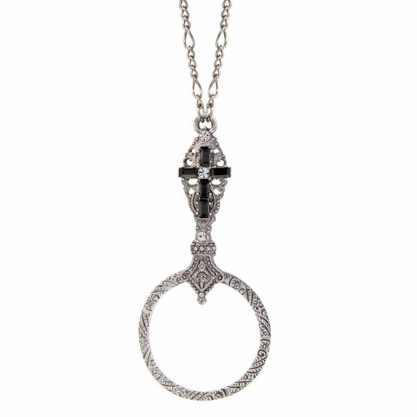 Symbols Of Faith Pewter Crystal Cross Round Magnifying Pendant Necklace 28" - Magnification Power: 2X