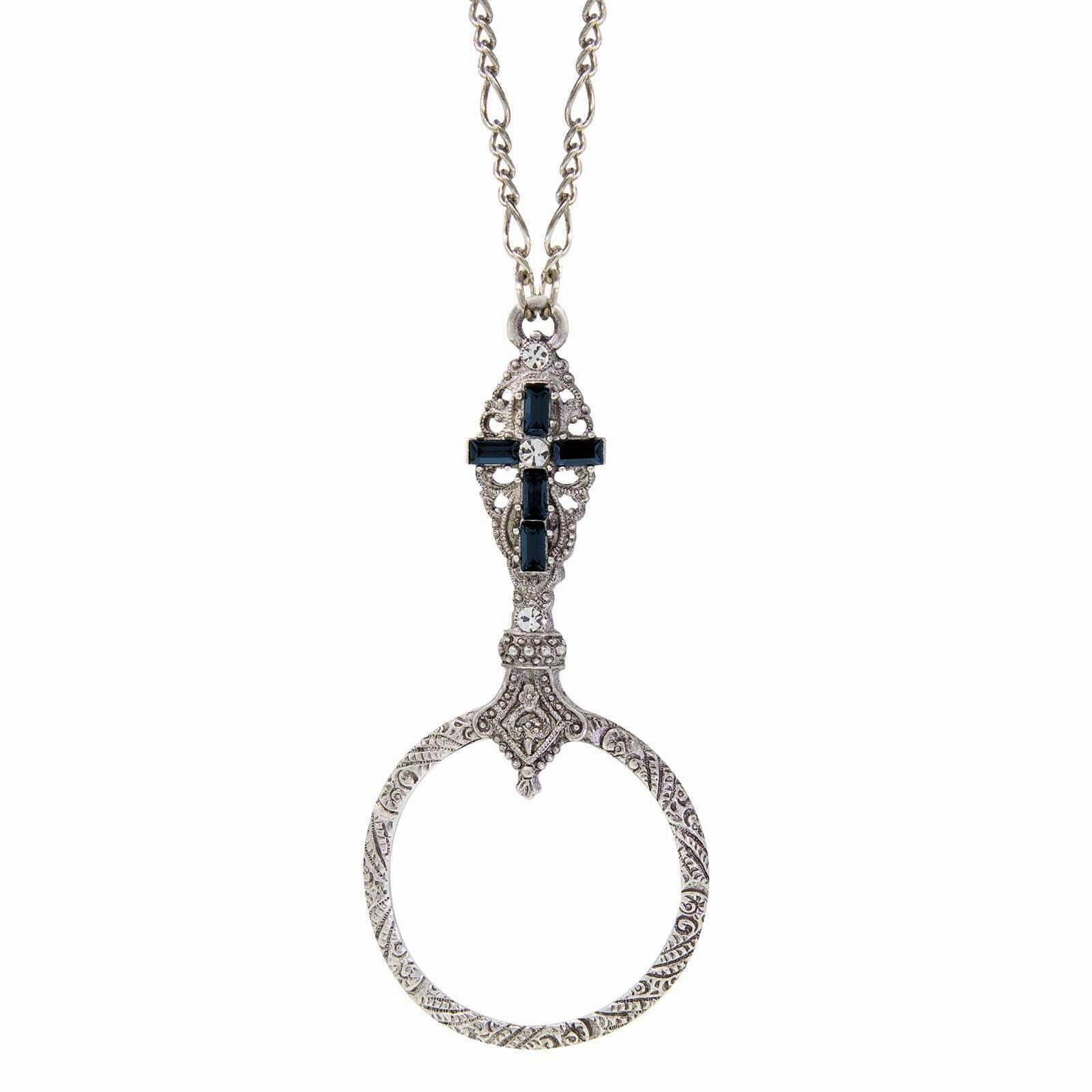 Symbols Of Faith Pewter Crystal Cross Round Magnifying Pendant Necklace 28" - Magnification Power: 2X